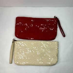 La Regale Vintage Bundle Sequin Zip Wristlet Purse Red Tan Leather Designer